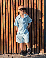 Костюм детский из креп жатки рубашка и шорты Голубой 110-116