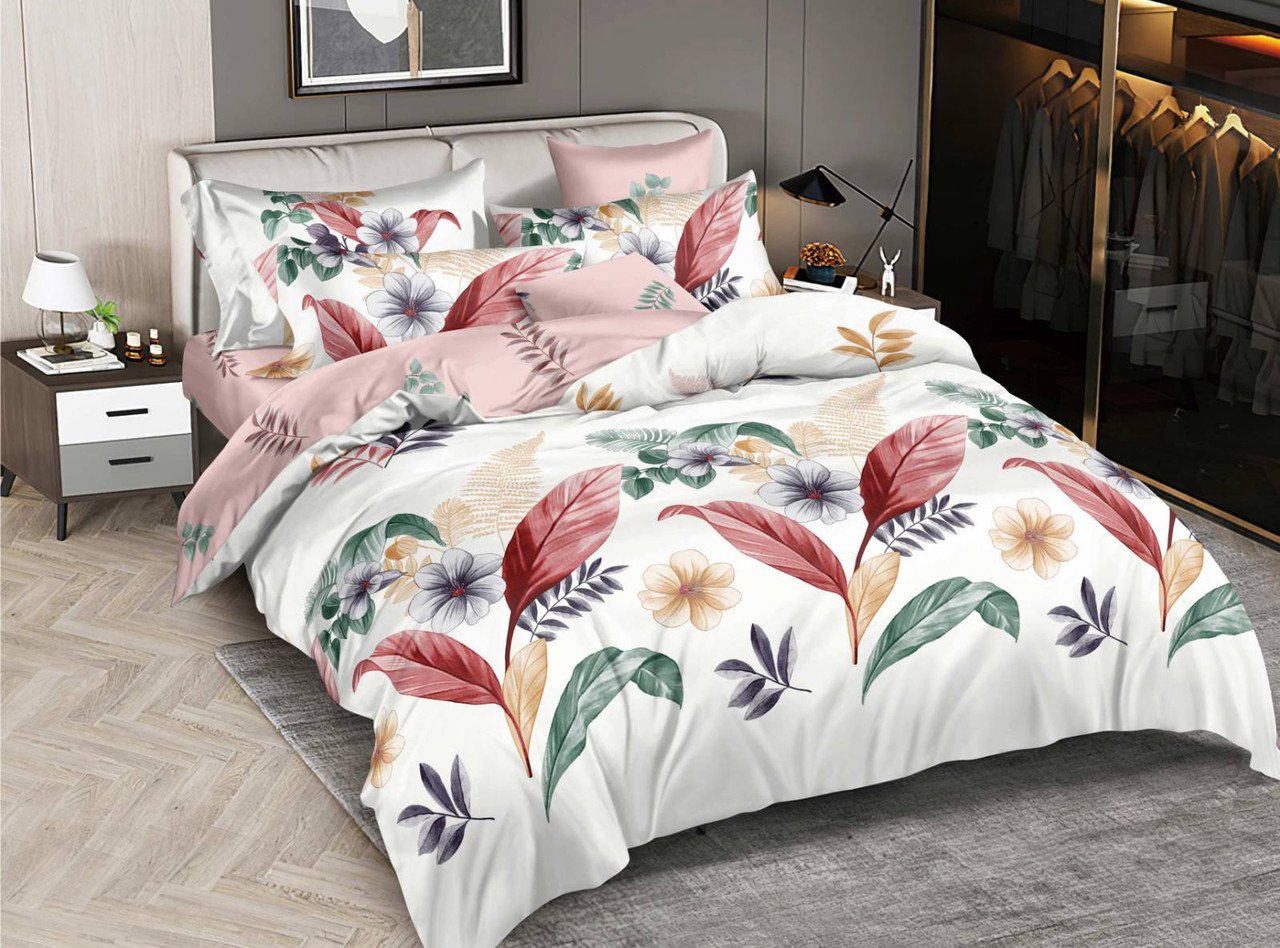 Підковдра на блискавці 145х215 (Ранфорс) | Полуторна підковдра від виробника "Королева Ночі" | Листя на світлому та рожевому, фото 1