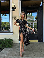 Красивое нежное женское летнее стильное платье на запах макси из натуральной ткани штапель в цветочный принт 42/44, Черный
