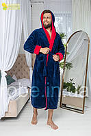 Мужской махровый халат Romance с двумя глубокими карманами и капюшоном ткань Турция XL, Cиний с красным