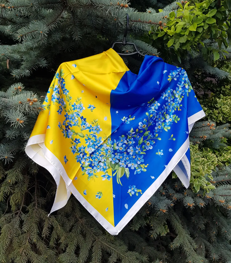Шовкова хустка патріотична Діагональ квіти 90*90 см синій/жовтий
