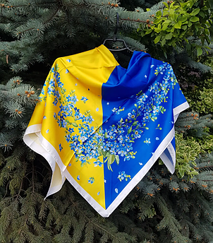 Шовкова хустка патріотична Діагональ квіти 90*90 см синій/жовтий, фото 1