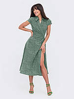 Длинное бирюзовое платье на запах в горох с коротким рукавом (S, M, L, XL, XXL, XXXL)