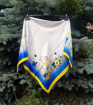 Шовкова хустка патріотична Квіти 90*90 см біла з синьо-жовтим, фото 1