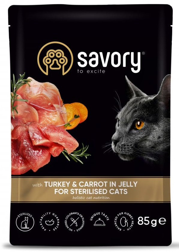 Вологий корм для стерилізованих котів з індичкою та морквою в желе Savory 85 г