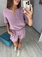 Модний жіночий лляний костюм/комплект - футболка, шорти (Розміри 44, 48), Рожевий