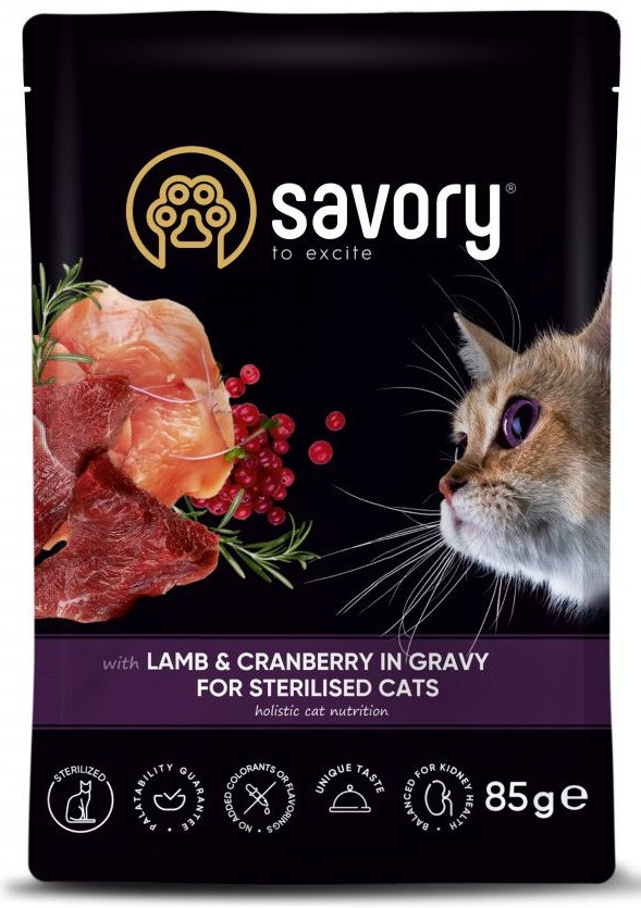 Вологий корм для стерилізованих котів з ягням та журавлиною у соусі Savory 85 г, фото 1