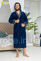 Мужской махровый халат Romance с двумя глубокими карманами и капюшоном ткань Синий с серым, XL