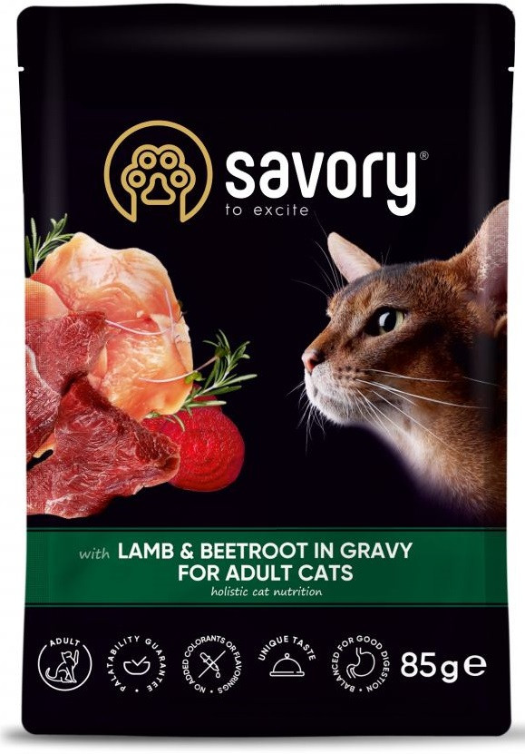 Повнораціонний вологий корм для котів з ягням та буряком у соусі Savory 85 г, фото 1