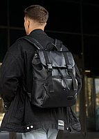 Чорний місткий стильний міцний чоловічий рюкзак для подорожей та навчання з екошкіри