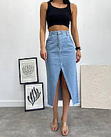 Женская джинсовая юбка миди, с вырезом, завышенная талия
