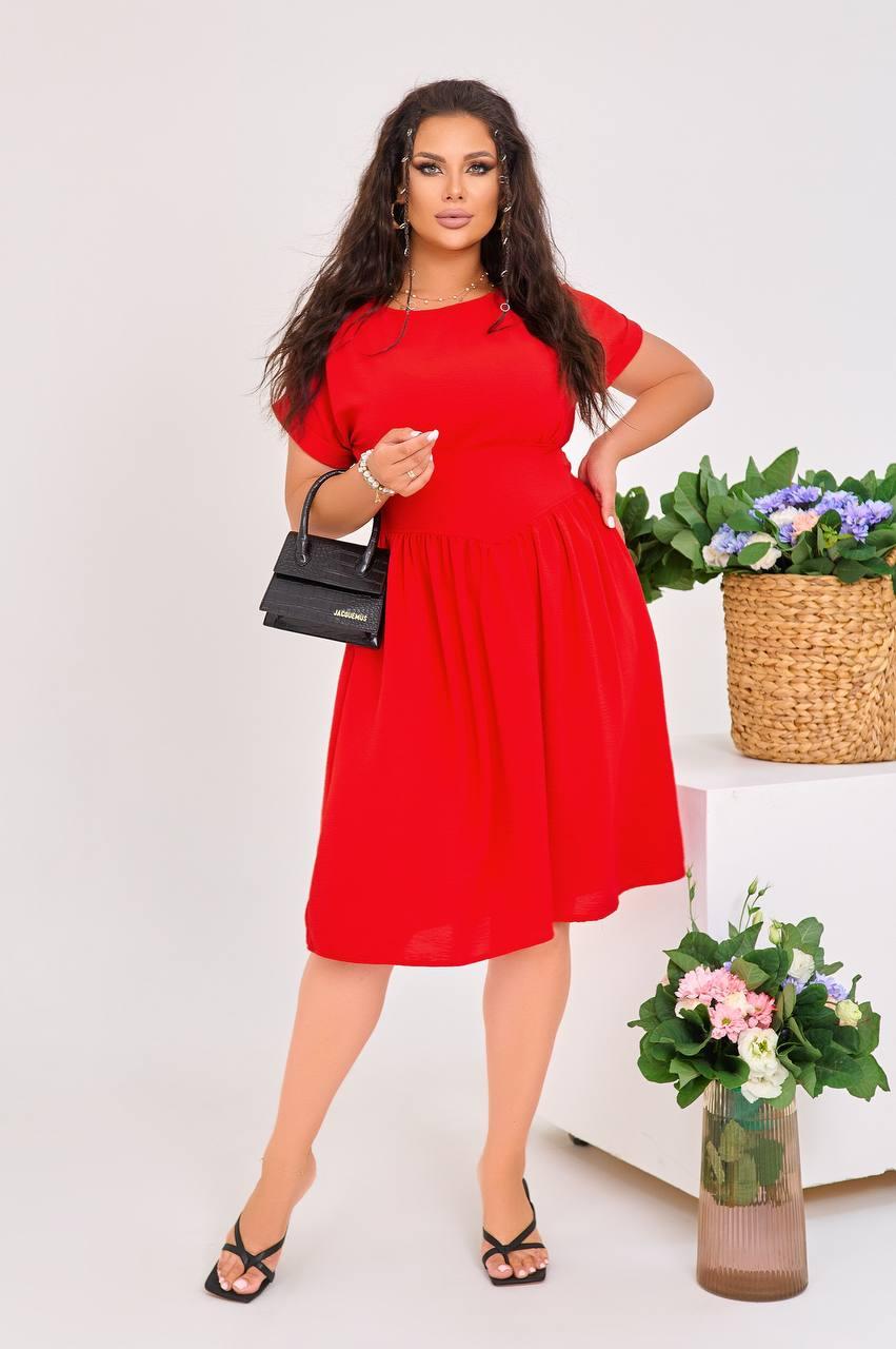 Шикарное летнее женское платье по колено супер стильное платье с карманами в стиле Бохо большие размеры 46-48, Красный - фото 1 - id-p1894532902