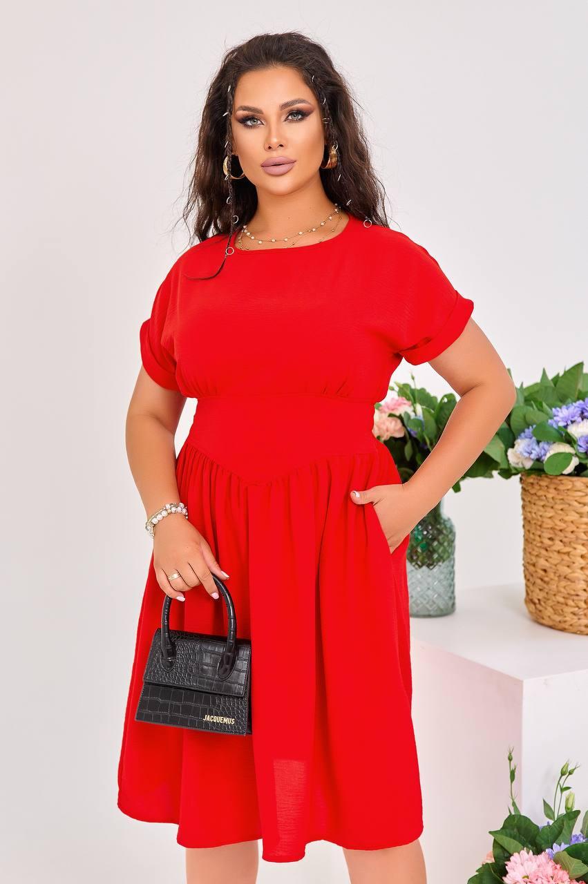 Шикарное летнее женское платье по колено супер стильное платье с карманами в стиле Бохо большие размеры 46-48, Красный - фото 4 - id-p1894532902