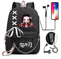 Шкільний підлітковий рюкзак зі шнурівкою, ланцюжком, помпоном та USB Аніме для дівчинки 5-11 клас