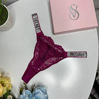 Кружевные Трусы стринги со стразами Victoria secret Logo Shine Strap Thong Panty ТЕМНО-ФИОЛЕТОВЫЙ, M