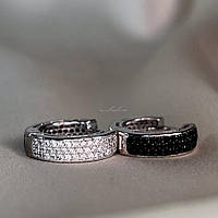 Серьги - кольца серебряные с чёрным и белым цирконием бриллиантовой огранки