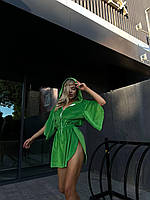 Женский велюровый комбинезон с капюшоном, шорты с разрезом на запах (зеленый, графитовый, барби, электрик)