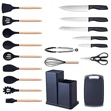 Набір кухонного приладдя з 19 предметів із підставкою Everwealth Kitchenware Set Чорний, фото 3