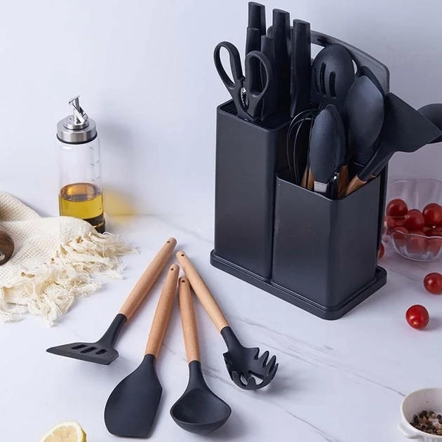Набір кухонного приладдя з 19 предметів із підставкою Everwealth Kitchenware Set Чорний