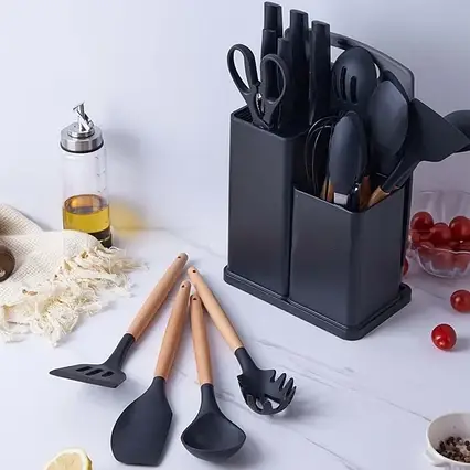 Набір кухонного приладдя з 19 предметів із підставкою Everwealth Kitchenware Set Чорний, фото 1
