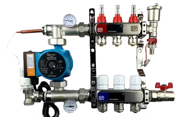 Колектор для теплої підлоги Нержавіюча сталь Чехія 3 виходу у зборі з Насосом