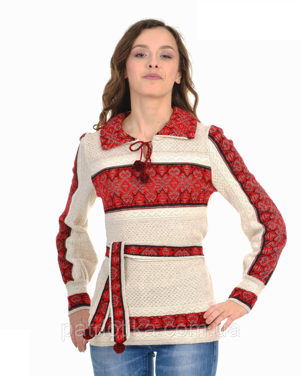 Туніка в'язана "Гуцулка червона" з коміром 0413