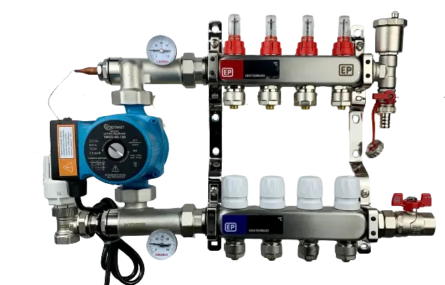 Колектор для теплої підлоги Нержавіюча сталь Чехія 4 виходу у зборі з Насосом