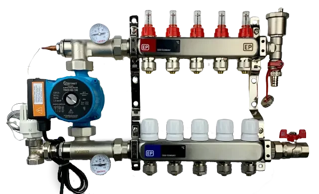 Колектор для теплої підлоги Нержавіюча сталь Чехія 5 виходу у зборі з Насосом, фото 1