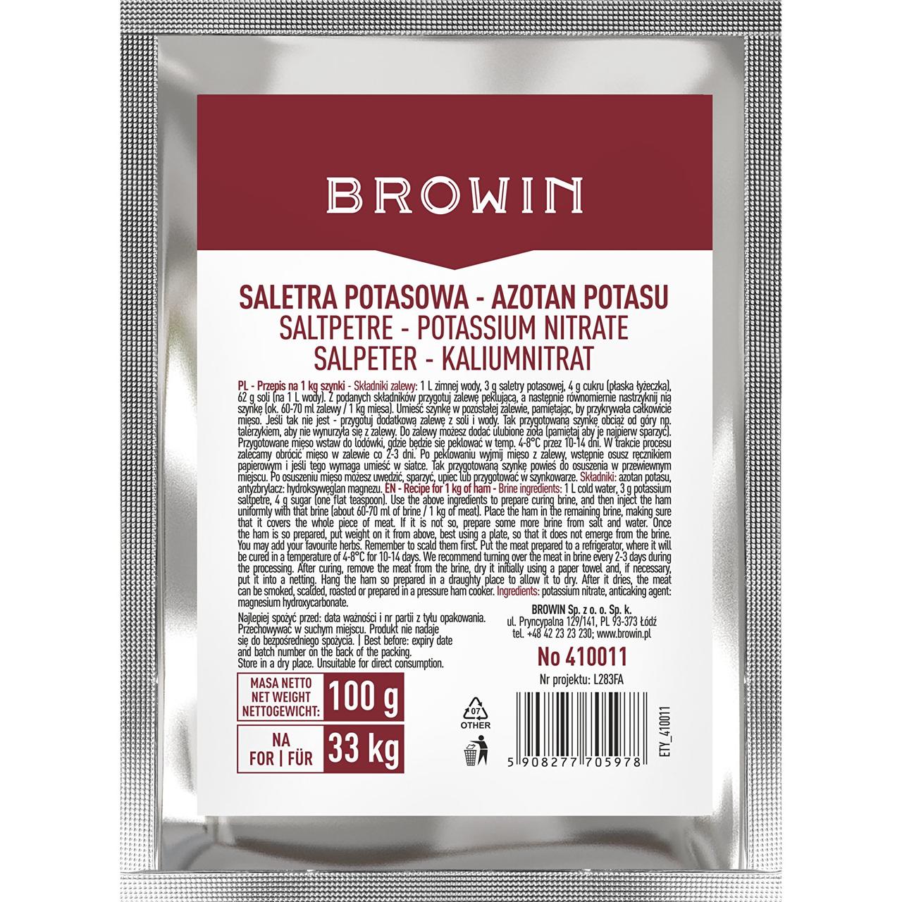 Селітра харчова Browin — 100 г, калійна силітра (E252), для засолювання до 33 кг мʼяса