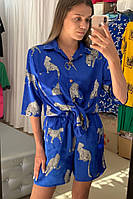 Модний принтований шовковий комплект синього кольору з леопардом м-2хл