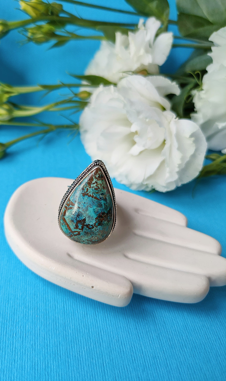 Хризокола кільце капля 17,5 розмір каблучка з каменем натуральна хризокола в сріблі. Індія, фото 1