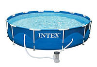 Каркасный бассейн круглой формы Intex синего цвета диаметр 366 см. высота 76 см