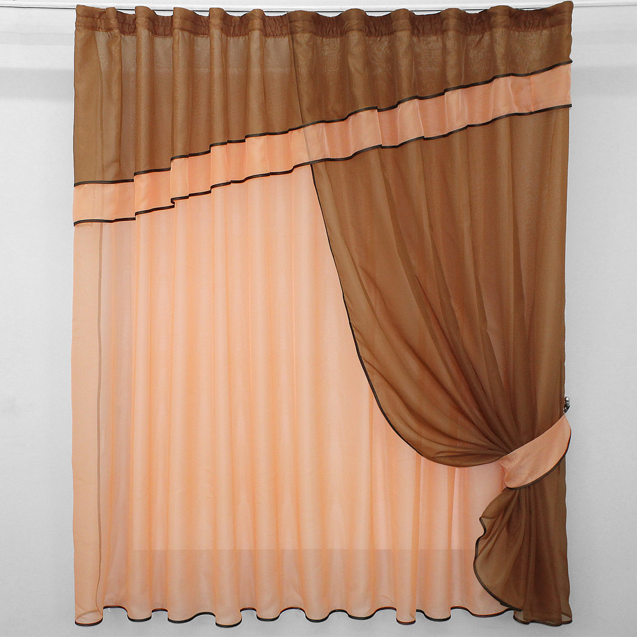Кухонна (280х170см.) занавіска, штора і тюль з ламбрекеном. Колір коричневий з персиковим. Код 018к 50-279, фото 1