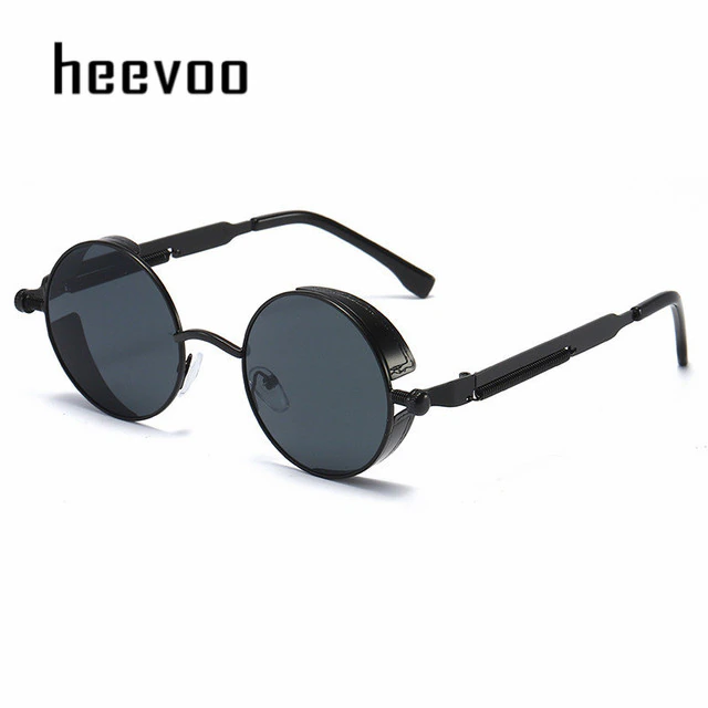 Круглі стімпанк окуляри сонцезахисні , вінтажні металеві чорна оправа, чорні лінзи Код:MS05