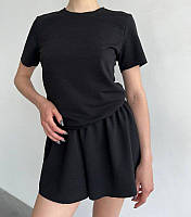 Модный женский летний костюм/комплект - футболка, шорты (Размер onesize 42-46), Черный