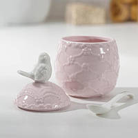 Керамічна банка для сипучих продуктів «Соловушка» з ложечкою,  8,5×13,5 см