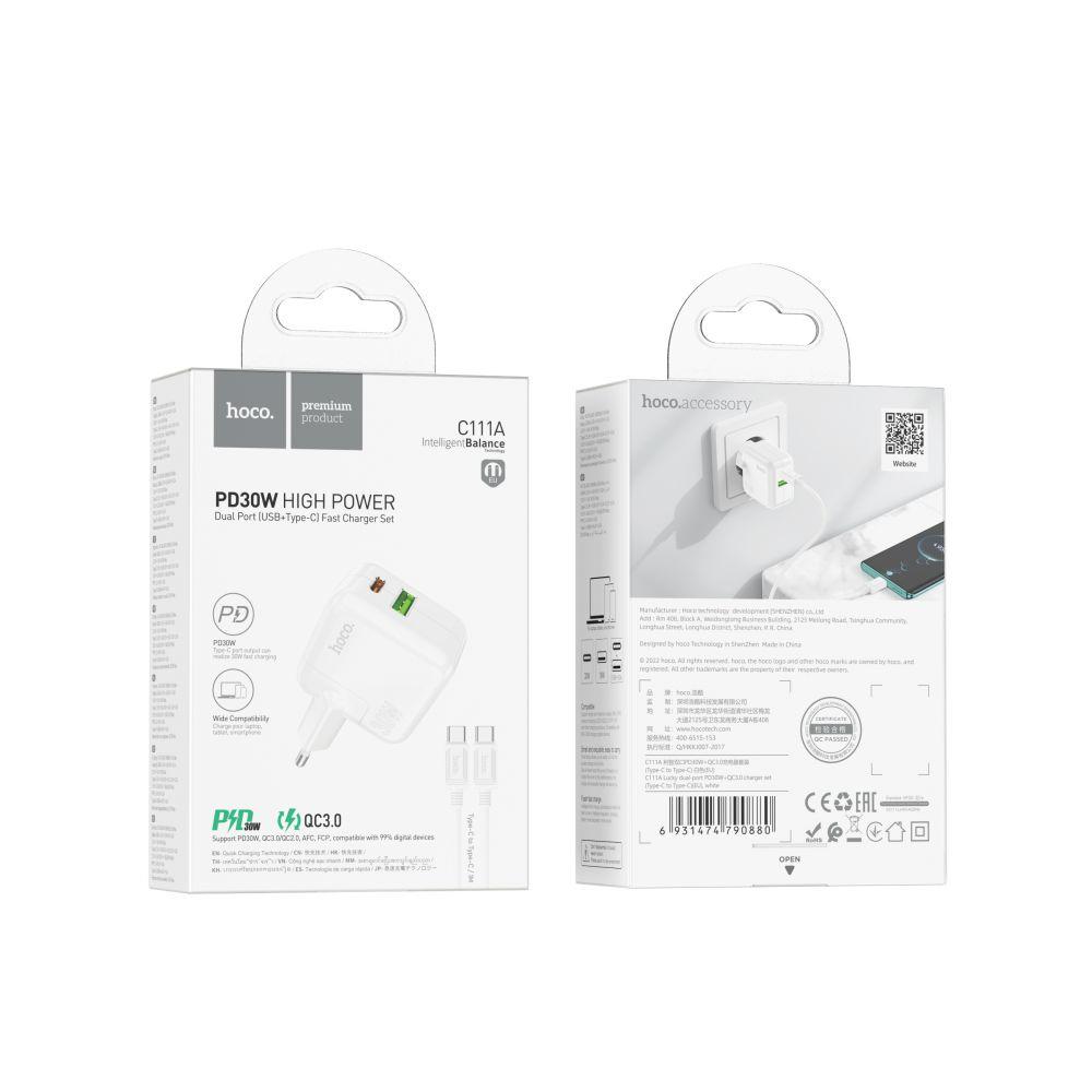 Мережевий зарядний пристрій Hoco C111A Lucky PD30W+QC3.0 Type-C to Type-C