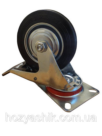 Колесо 100 мм поворотне з гальмом, на чорній гумі, фото 1