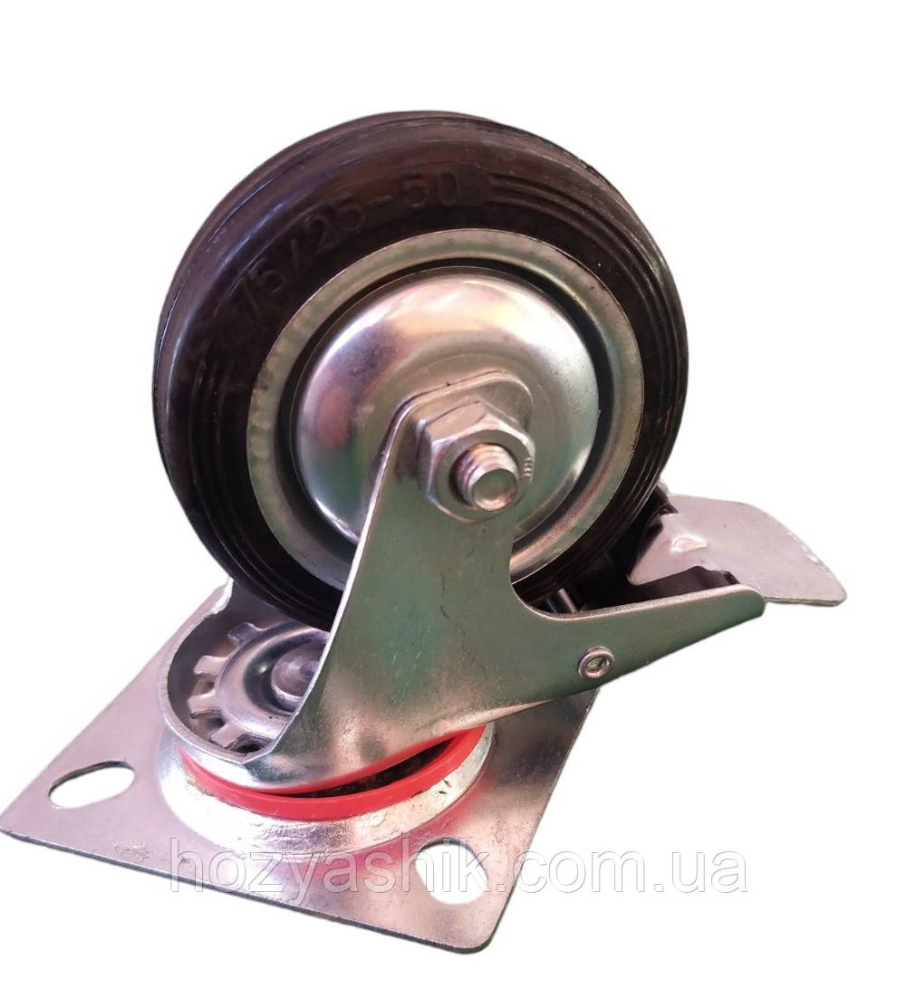 Колесо 75 мм поворотне з гальмом, на чорній гумі