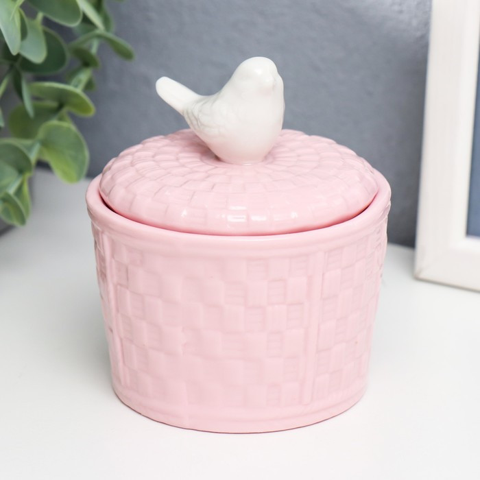 Скринька кераміка "Білий горобець. Плетінка" рожева 9,5х8, фото 1