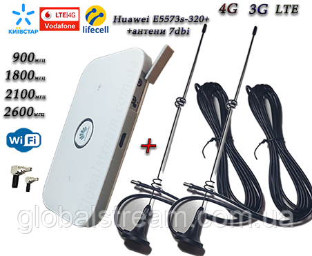 Мобільний модем 4G-LTE+3G Wi-Fi Роутер Huawei E5573s-320+ (KS, VD, Life) + 2 антени 4G (LTE) на 7 db магніт