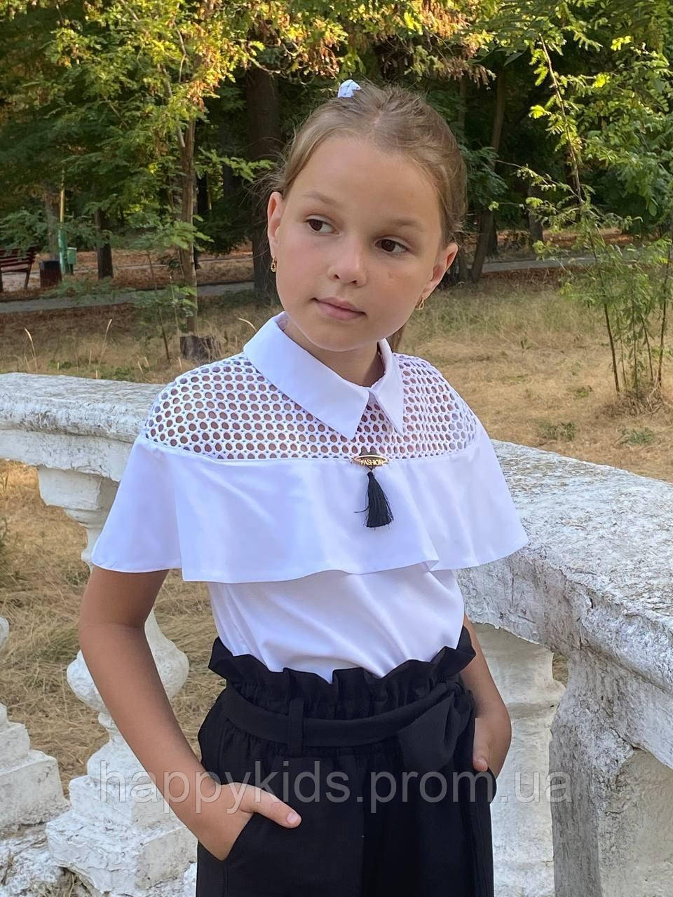 Дитяча біла блуза з коротким рукавом модна шкільна блуза з воланом для дівчинки підлітка