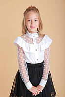 Дитяча біла блуза з довгим рукавом сітка Горох модна шкільна блуза з воланом для дівчинки