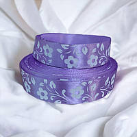 Стрічка атласна 2.5 см. Бузкова з квітами (за 1 метр)