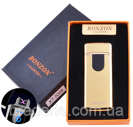 Електроімпульсна USB запальничка Bonzon сенсорна з подвійною блискавкою у подарунковій коробці золото, фото 2