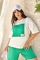 Костюм спортивний жіночий літній із шортами двоколірний великого розміру, зелений, рожевий, оливковий