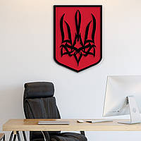 Большой Герб Украины, трезубец боевой, деревянный декор на стену 80x60 см, черный герб на красном щите