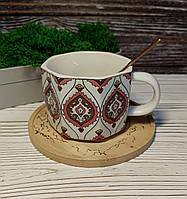 Чашка с ложкой на деревянном блюдце Падишах 250 мл красная (58291)