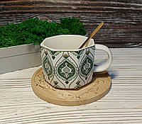 Чашка с ложкой на деревянном блюдце Падишах 250 мл зеленая (58292)