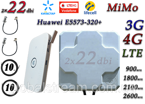 Повний комплект для 4G/LTE/3G з Huawei E5573s-320+ і Антена планшетна MIMO 2×22dbi ( 44 дб) 698-2690 МГц